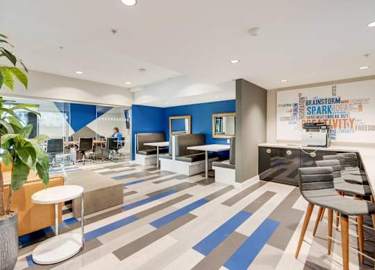 A modern office space with a blue and grey carpet.