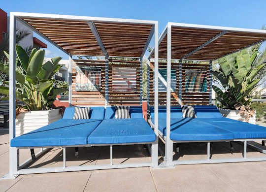 A blue and white daybed with a wooden roof is surrounded by green plants.