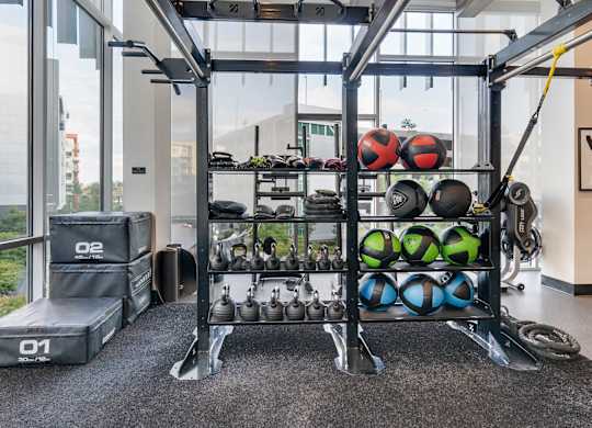 A gym with a weight rack and exercise balls.
