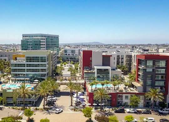 A view of a city with buildings, cars, and palm trees.