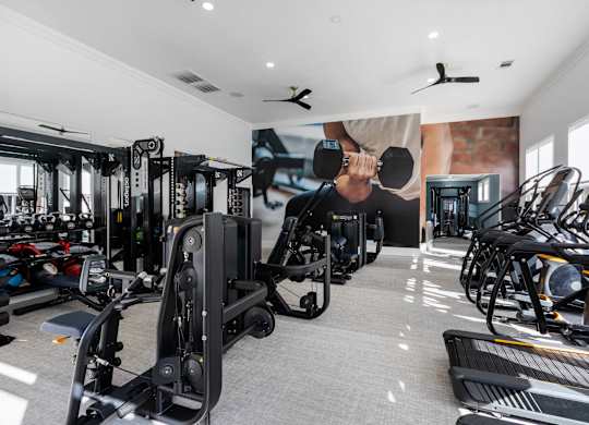 A gym with a variety of equipment including treadmills, weights, and exercise bikes.