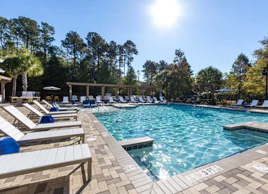 Pet-Friendly Apartments in Charleston, SC - The Avenues at Verdier Pointe - Swimming Pool Surrounded by Sun Loungers, Umbrellas, Pergolas, and Trees.
