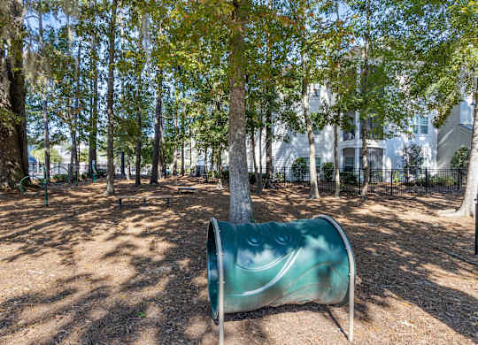 A playground with a slide in the middle of a wooded area.