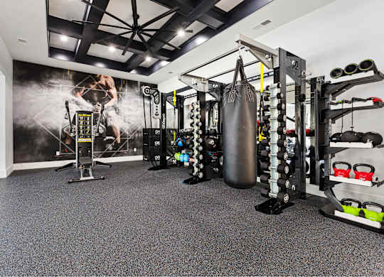 A gym with a punching bag, weights, and exercise equipment.