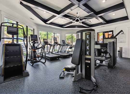 A gym with a variety of equipment including treadmills, stationary bikes, and weight machines.