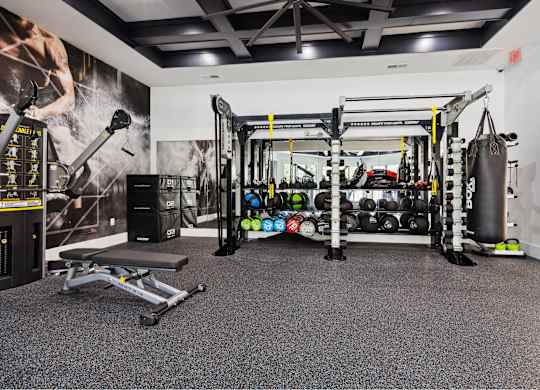 A gym with a punching bag, weights, and a bench.