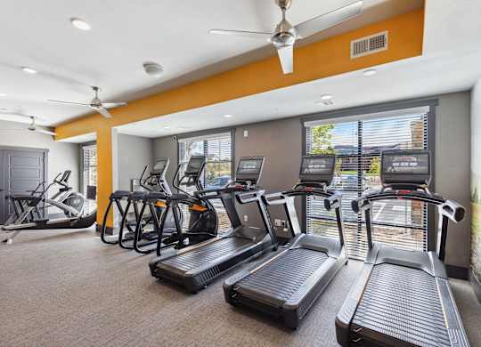 A gym with treadmills, elliptical machines, and a fan.