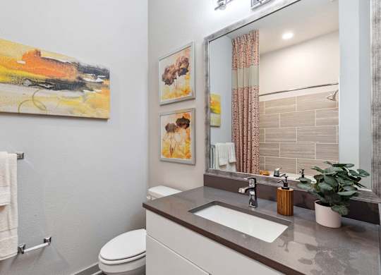 A bathroom with a toilet, sink, mirror, and a painting on the wall.