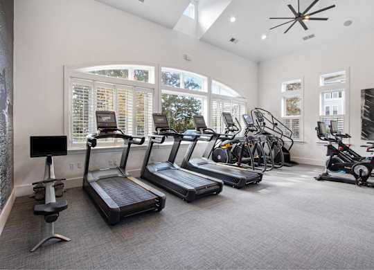 the gym has plenty of cardio equipment and windows