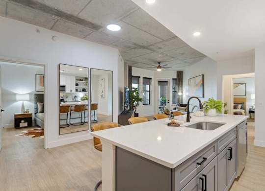 A modern kitchen with a large island and a view of the living room through the glass doors.