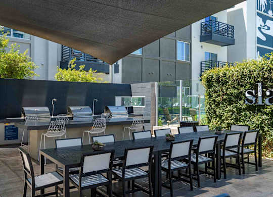 a long dining table with chairs in front of an outdoor kitchen