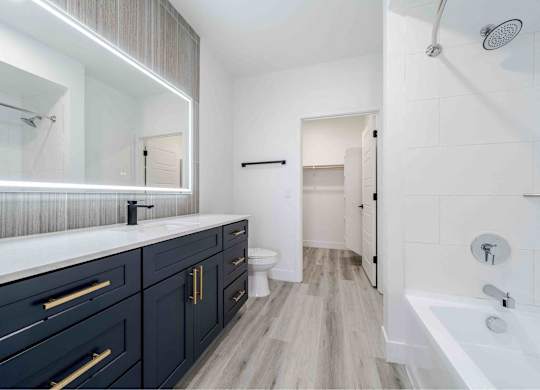 a bathroom with a large mirror and a sink and a toilet