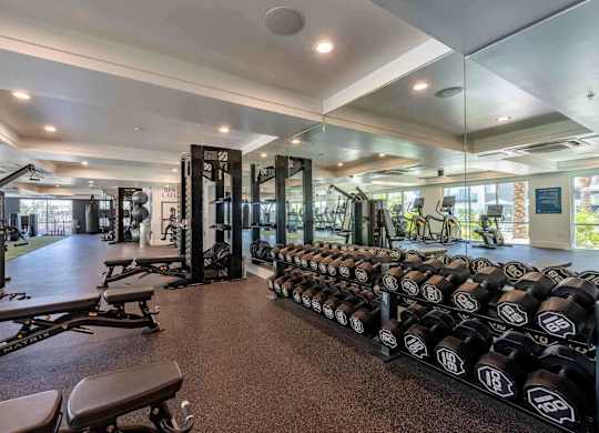 a spacious fitness center with weights and other exercise equipment