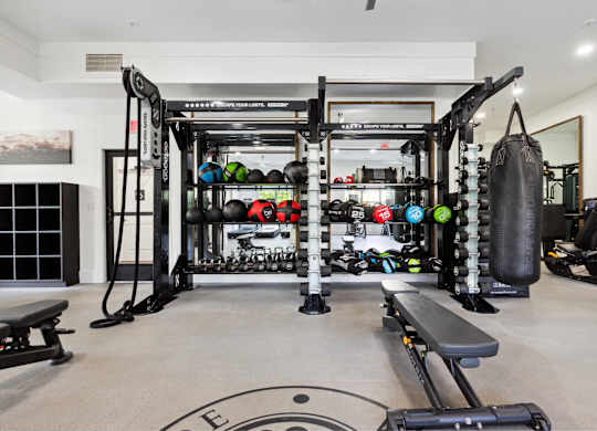 A home gym with a variety of equipment including a squat rack, bench, and weights.