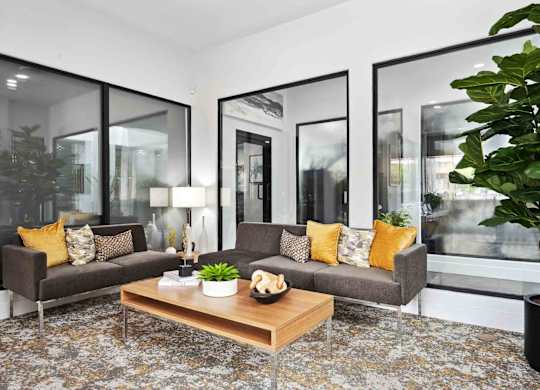 A living room with a grey couch, a wooden coffee table, and a large mirror on the wall.