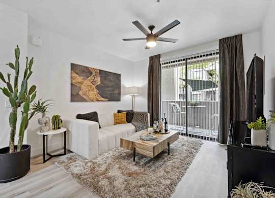 A living room with a white couch, a coffee table, and a cactus plant.