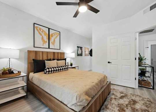 A bedroom with a bed, a ceiling fan, and a rug.