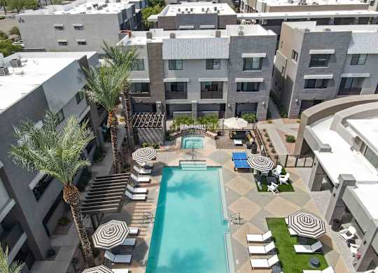 A swimming pool surrounded by palm trees and lounge chairs in a residential area.