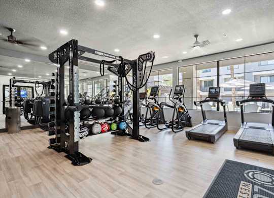 A well-equipped gym with a variety of exercise machines and weights.
