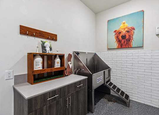 a laundry room with a washing machine and a painting of a dog on the wall