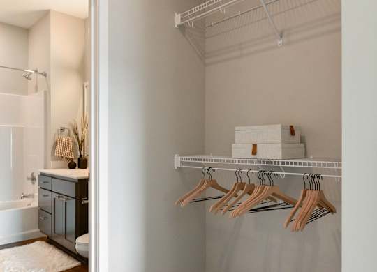 a bathroom with a closet and a rack with wooden hangers at The Hallon Apartments, Minnesota