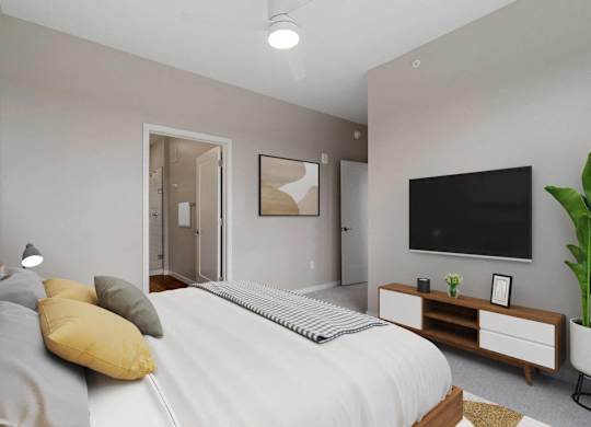 apartment bedroom with walk-in closet and en suite bathroom at The Hallon Apartments, Hopkins, Minnesota