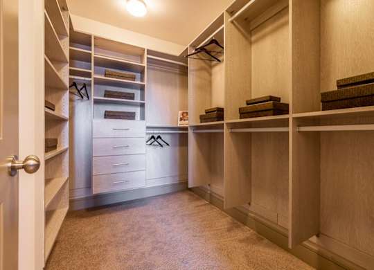 A walk-in closet with shelves and drawers.