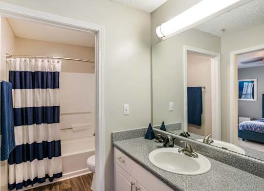 A bathroom with a white sink and a mirror.