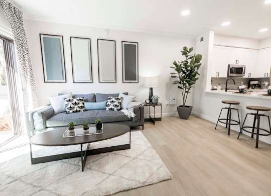 A modern living room with a grey sofa and a coffee table.