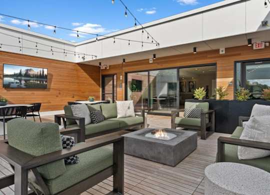 A patio with a fire pit and seating area.