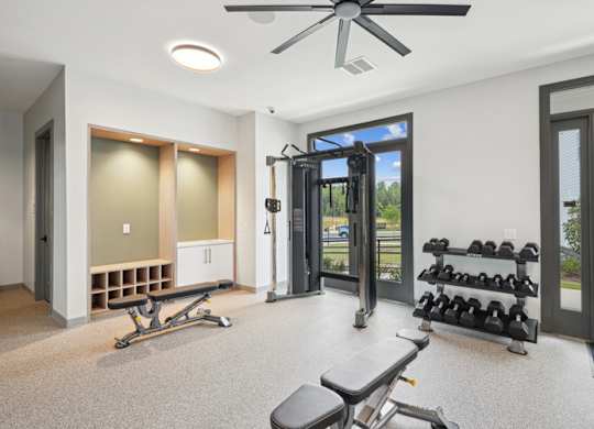 A spacious home gym with a treadmill, weights, and exercise equipment.