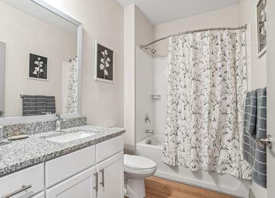 A bathroom with a white toilet, sink, and shower curtain.