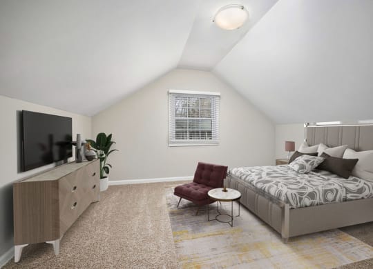a bedroom with a bed and a dresser and a tv