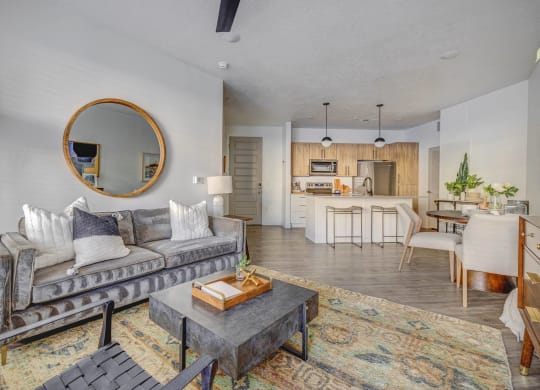 a living room with a couch and a table