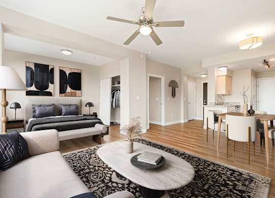 A modern living room with a white sofa and a black and white rug.