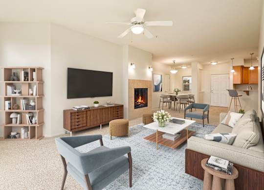A living room with a grey sofa, a grey armchair, a coffee table, a fireplace, a television, and a bookshelf.