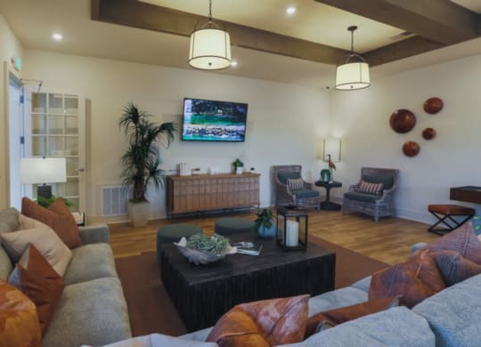 a living room with couches and a coffee table in front of a flat screen tv