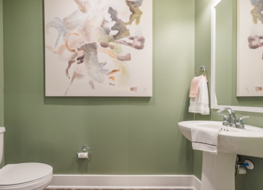 a bathroom with a toilet sink and a painting on the wall