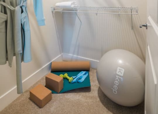 a small walk in closet with white walls and a white exercise ball on the floor