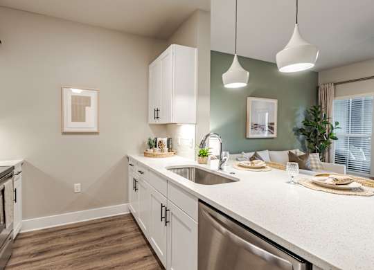 A kitchen with white cabinets and a stainless steel dishwasher.