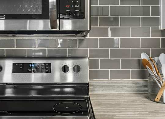 Close up view of the stainless steel appliances at Serafina at South Mountain apartments for rent in Ahwatukee.