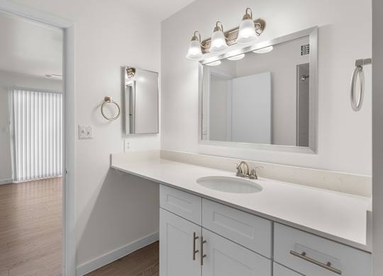 A bathroom with a white counter and a mirror above it.