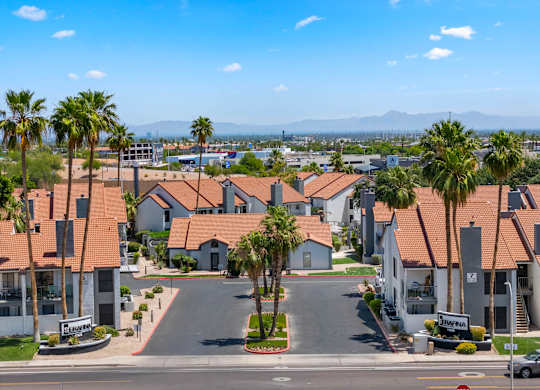 A sunny day in a residential area with palm trees and apartments at Serafina.