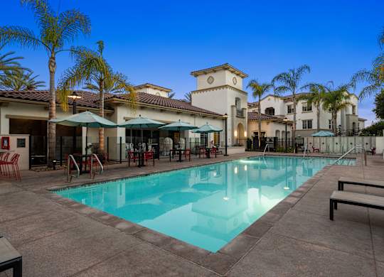 A swimming pool surrounded by palm trees and lounge chairs.