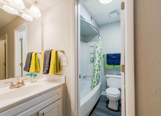 A bathroom with a white sink, toilet, and a shower with a green shower curtain.