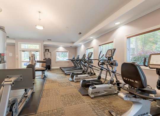 A gym with treadmills and exercise equipment.