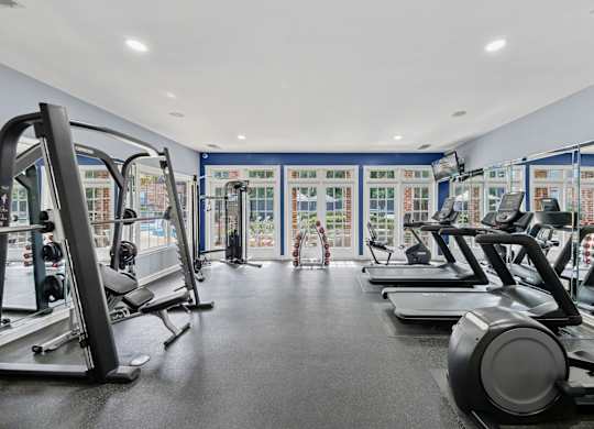 A gym with treadmills, weights, and exercise machines.
