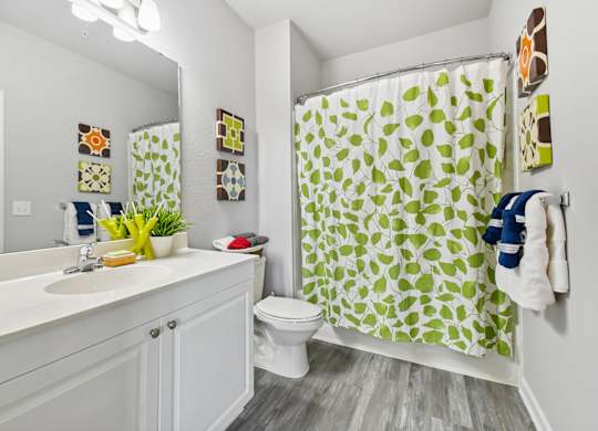 A bathroom with a white sink, toilet, and a green shower curtain.