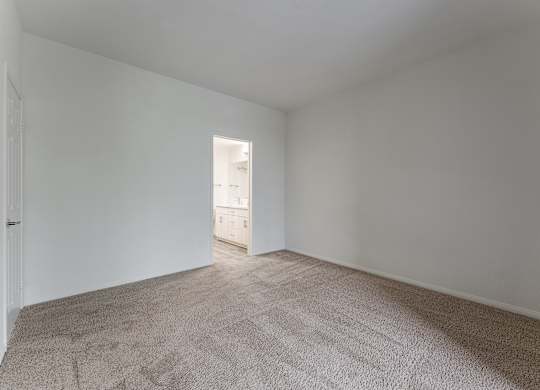 A room with a carpeted floor and a doorway leading to another room.