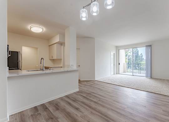 A spacious, empty room with a kitchen area and a door leading to a balcony.